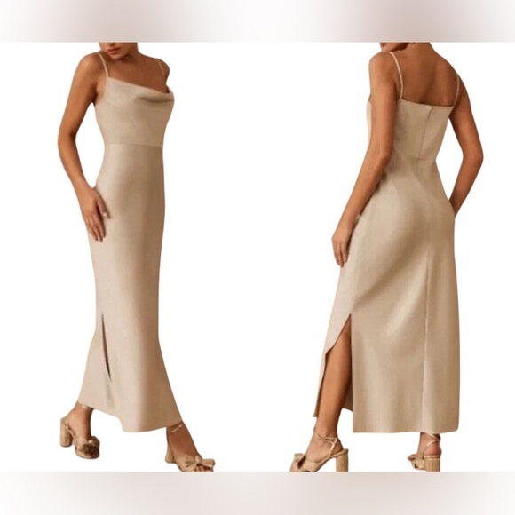 BHLDN New NWOT Cali Stretch Charmeuse Midi Dress Champagne Size 6 - Picture 1 of 6